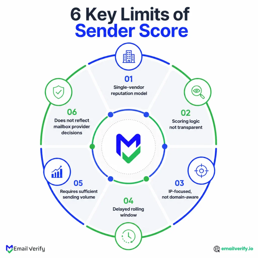Infographic showing how to improve Sender Score with email verification, authentication, complaint reduction, consistent sending volume, and blocklist monitoring