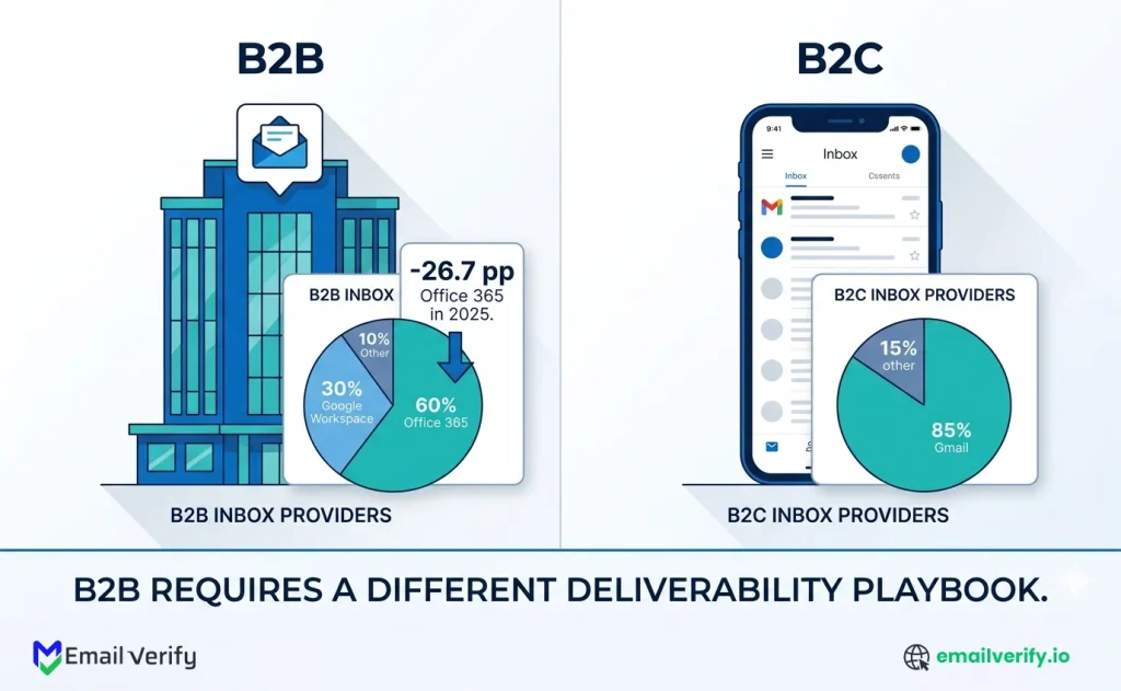 Side-by-side comparison of B2B and B2C deliverability landscapes showing B2B is more dependent on Microsoft Office 365 and faced a 26.7 percentage point drop in 2025