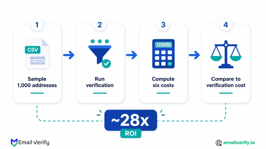 Four-stage flow showing how to compute ROI: sample, verify, compute six costs, compare to verification cost