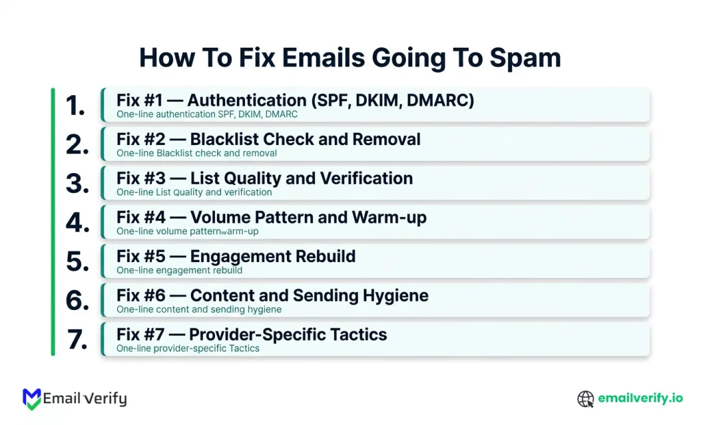 Numbered overview of seven deliverability fixes including Authentication, Blacklist Removal, List Quality, Volume Warm-up, Engagement Rebuild, Content Hygiene, and Provider-Specific Tactics