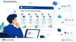 Marketer at laptop looking at email deliverability dashboard with five testing methods, while envelopes fly toward different inbox folders
