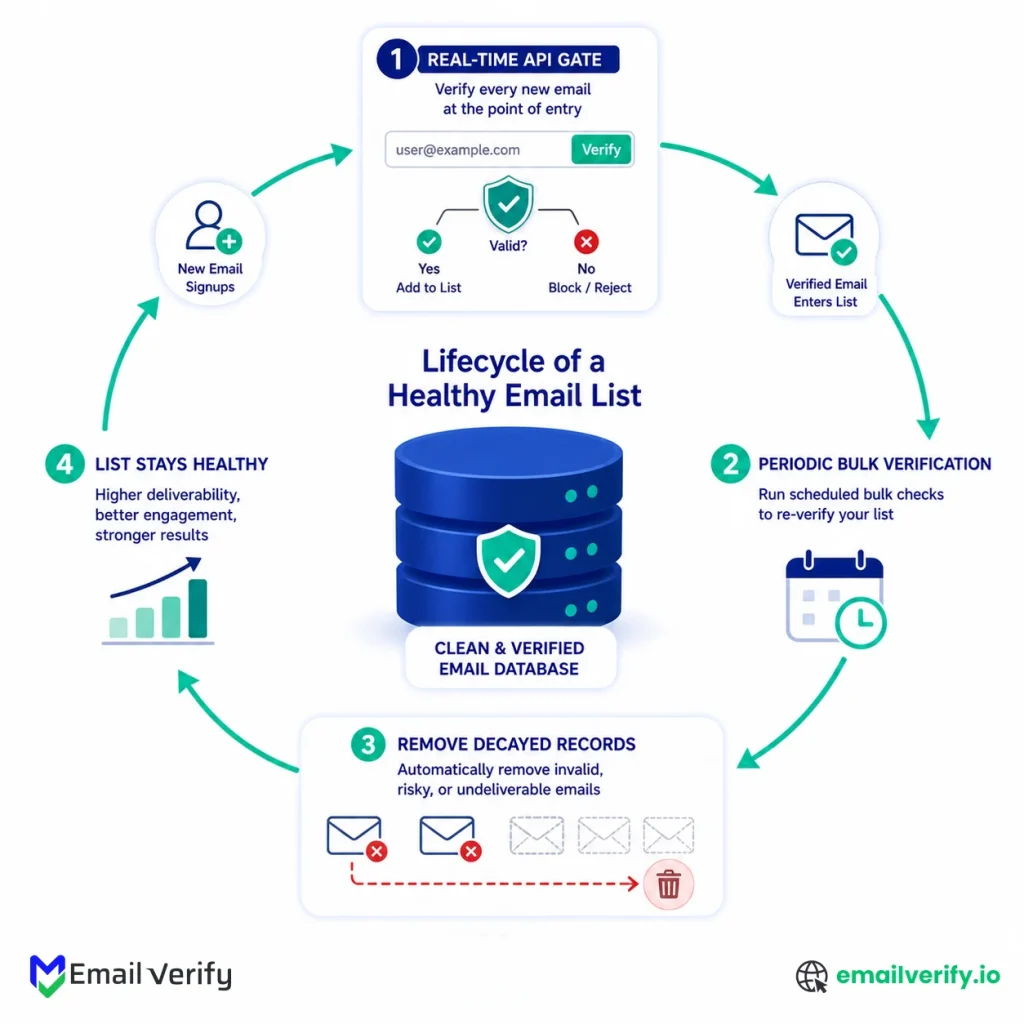 Cyclical illustration showing real-time verification at the entry point and periodic bulk verification sweeping through the database to remove decayed addresses