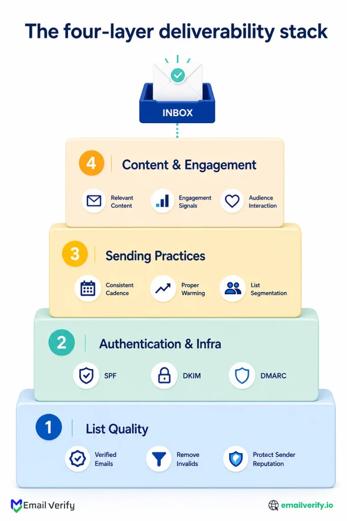 Vertical four-layer deliverability stack with List Quality at the foundation and Content/Engagement at the top, each layer color-coded