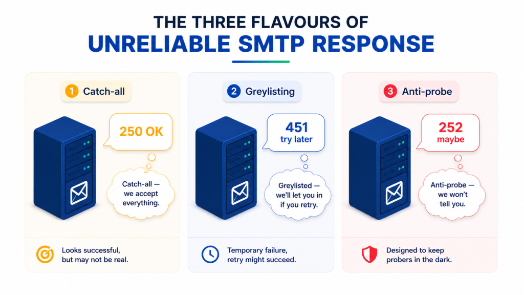 Three-panel illustration showing the three reasons SMTP probes can return unreliable answers: catch-all, greylisting, and anti-probe
