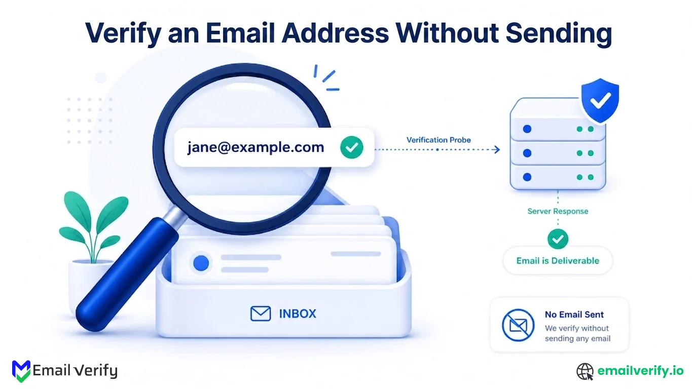 Magnifying glass examining an email address with a verification probe traveling to a server and returning a green checkmark, no message sent