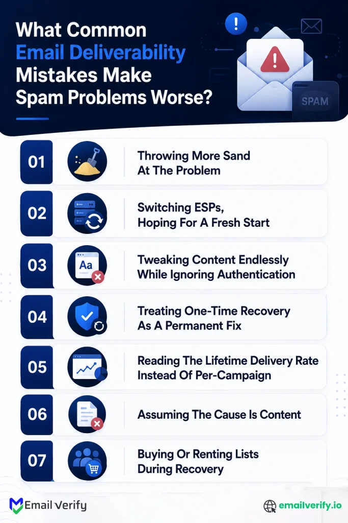 Email deliverability mistakes infographic showing common spam recovery errors, ESP switching issues, authentication problems, and email reputation recovery best practices by EmailVerify.io