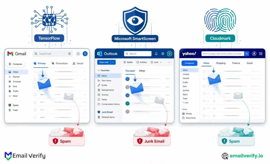 Three side-by-side mailbox interfaces, Gmail, Outlook, and Yahoo, each with its distinct filtering technology represented above it
