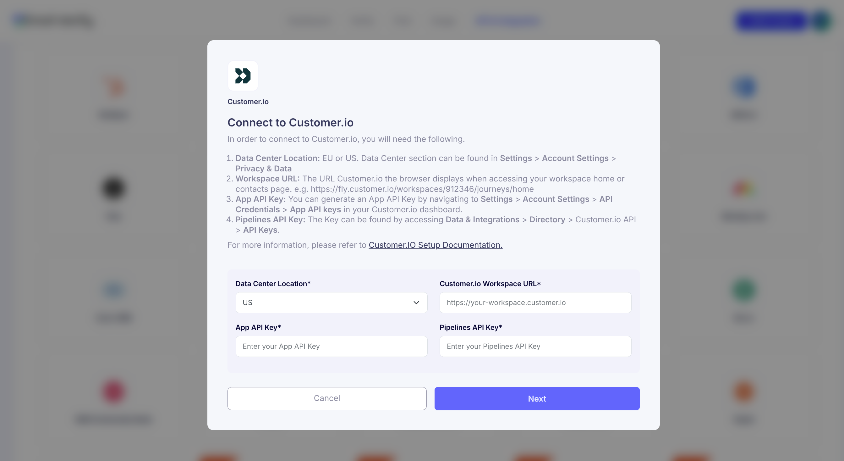 Step 2: Passo 2: Selecione Customer.io