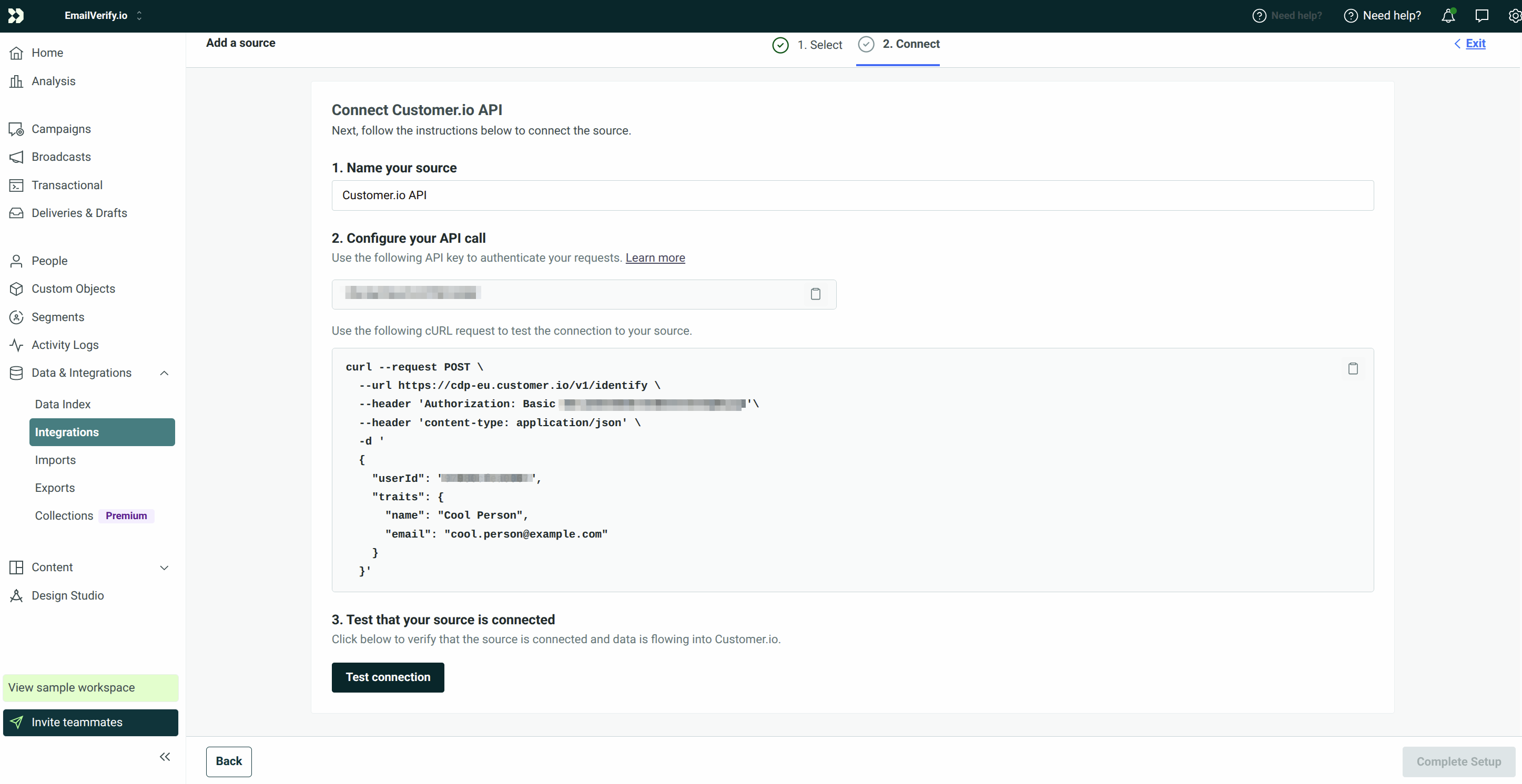 Step 8: Passo 8: Selecionar Customer.io API