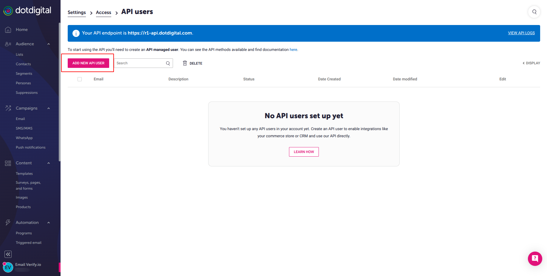 Step 5: Passo 5: Criar novo utilizador API