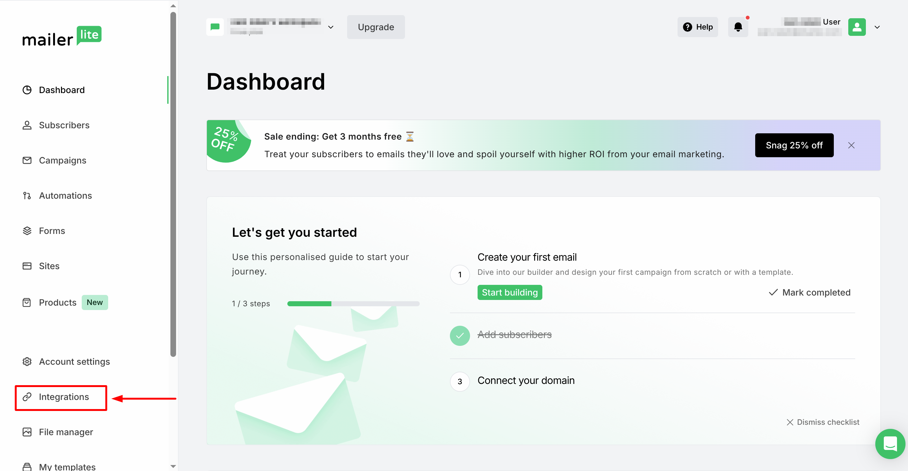 Step 3: Passo 3: Painel do MailerLite